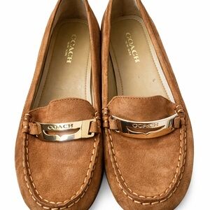 Coach Women's Chestnut Suede Loafers with Gold Plaque